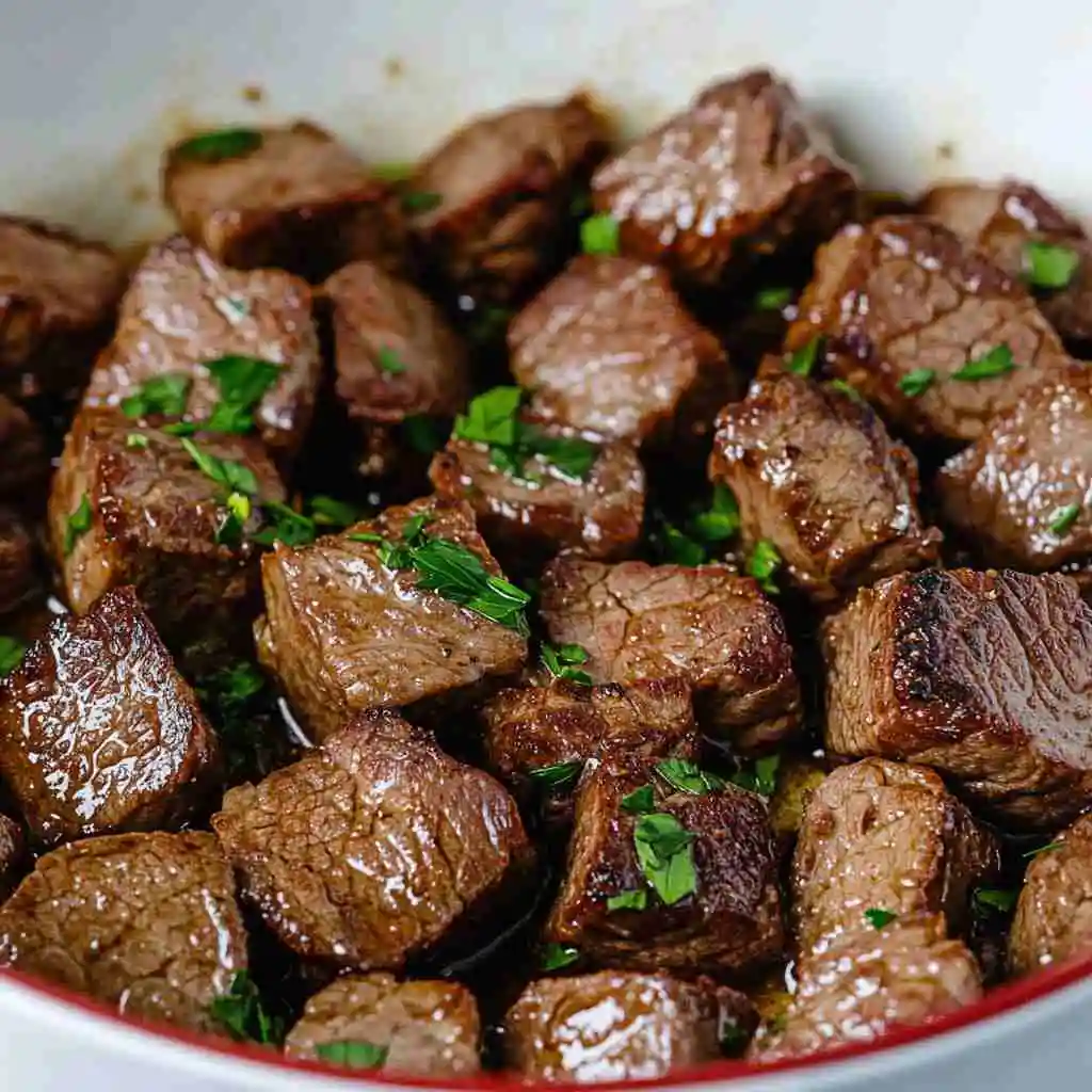 Crockpot Garlic Butter Steak Bites served in bowl