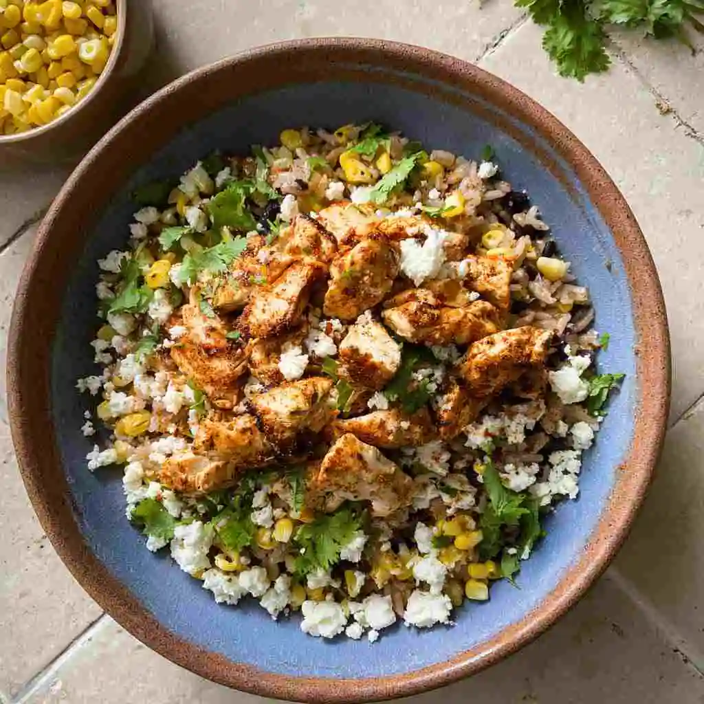 Mexican street corn chicken rice bowl recipe in rustic bowl