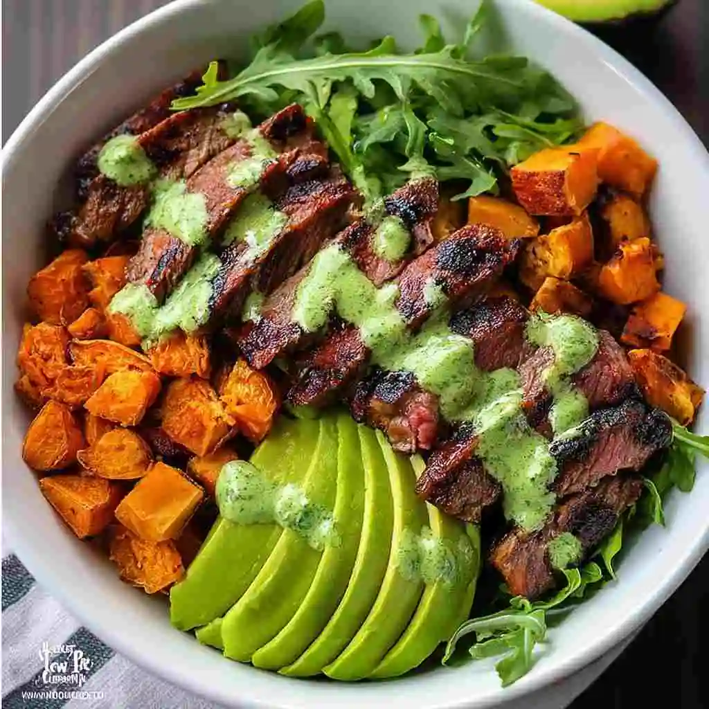 Steak and sweet potato bowl served in ceramic bowl