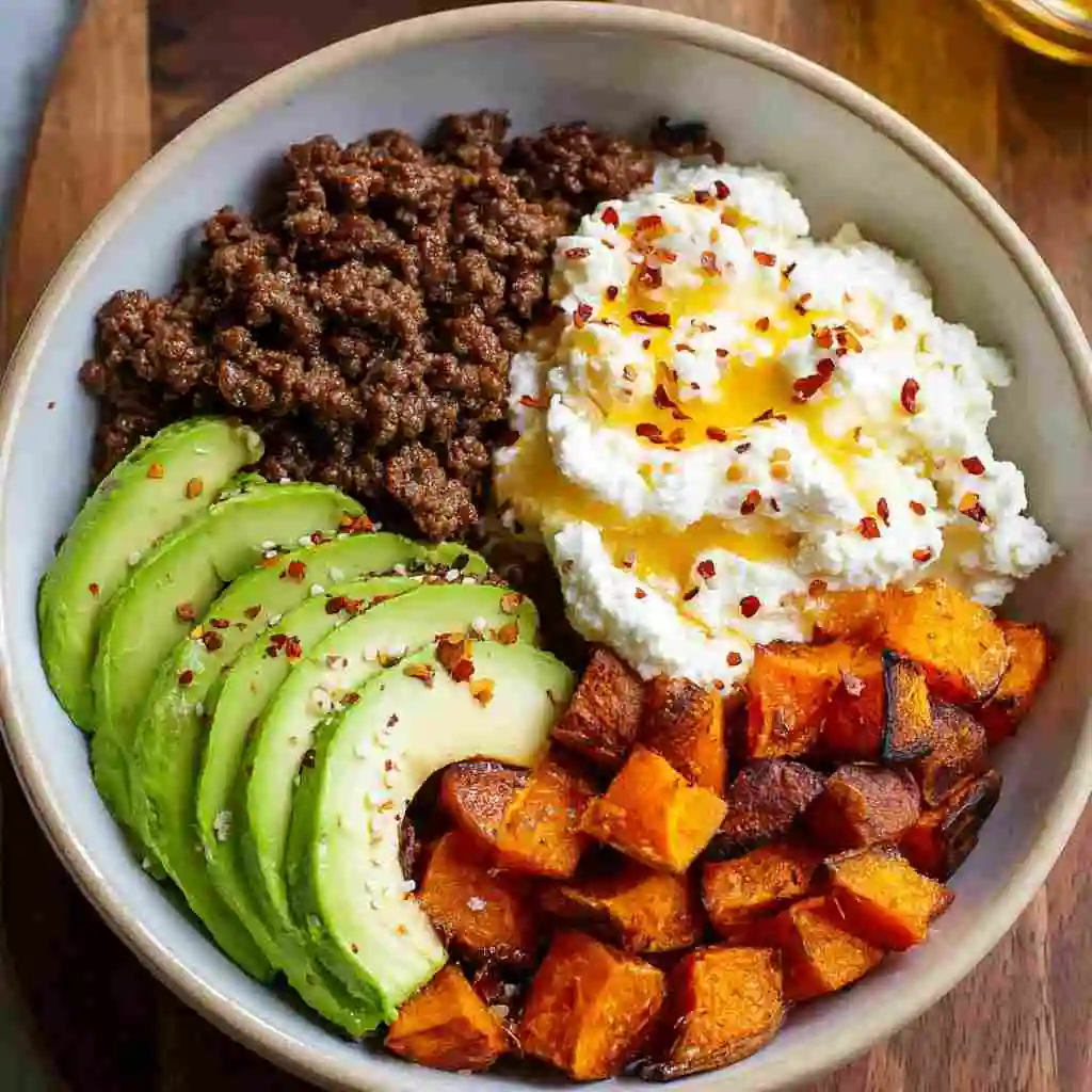 hot honey beef bowl with sweet potatoes and toppings
