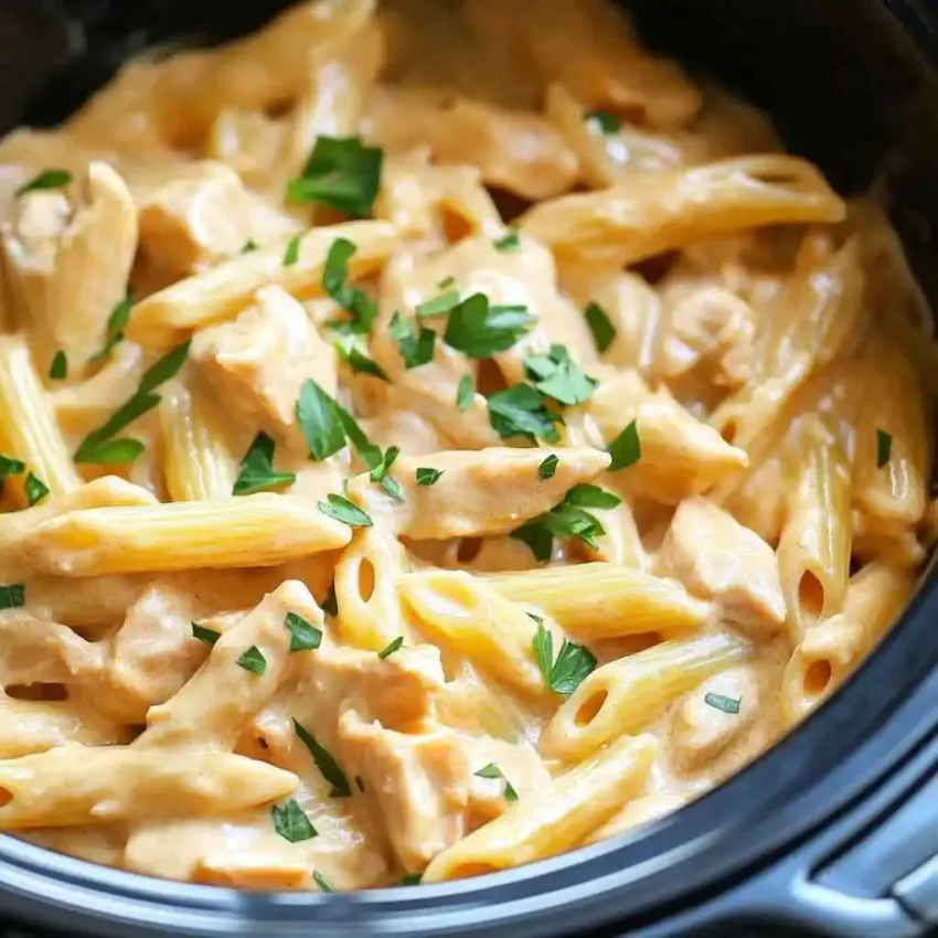 Easy crockpot buffalo chicken pasta served hot in a bowl