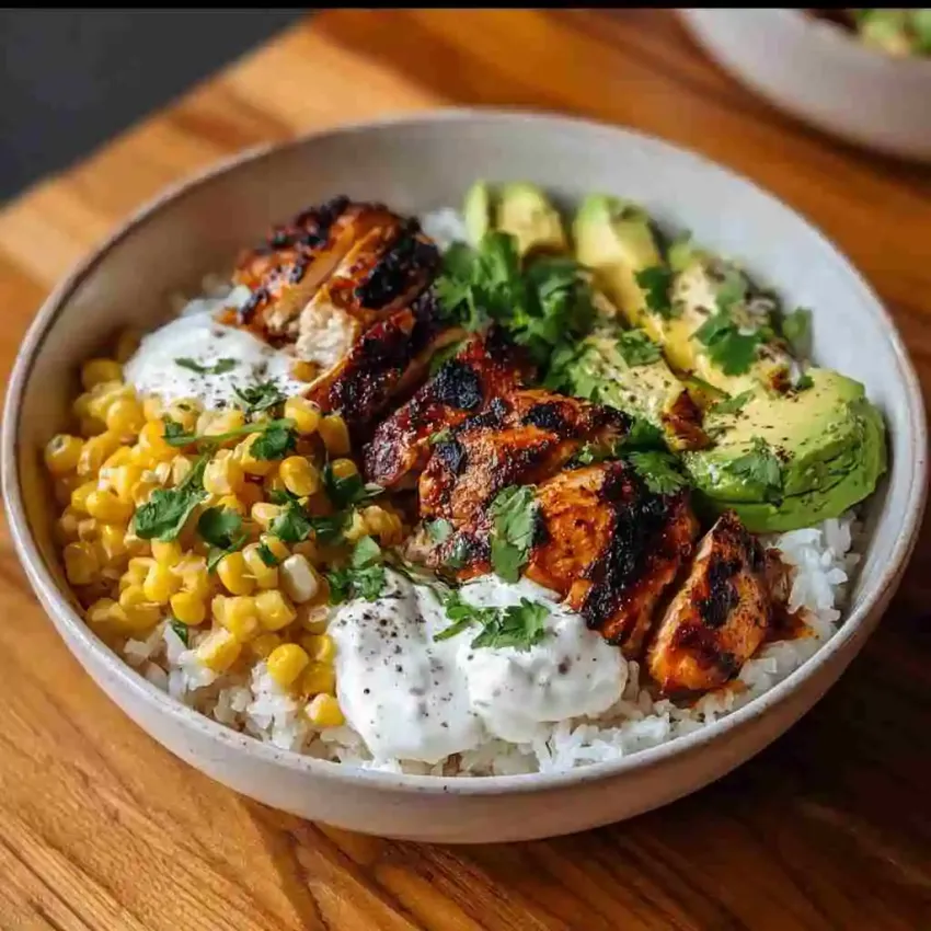 street corn chicken rice bowl served with lime wedges and fresh cilantro