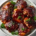 The Best Slow Cooker BBQ Chicken Thighs – Easy & Flavor-Packed 2 Slow cooker BBQ chicken thighs served with sauce and fresh herbs