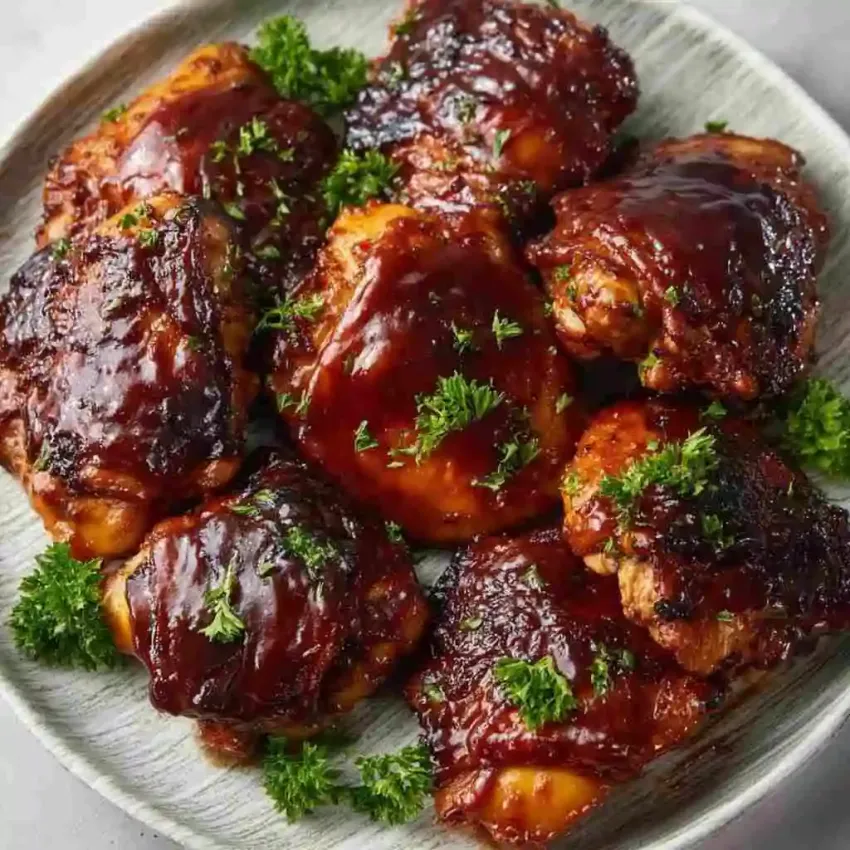 Slow cooker BBQ chicken thighs served with sauce and fresh herbs