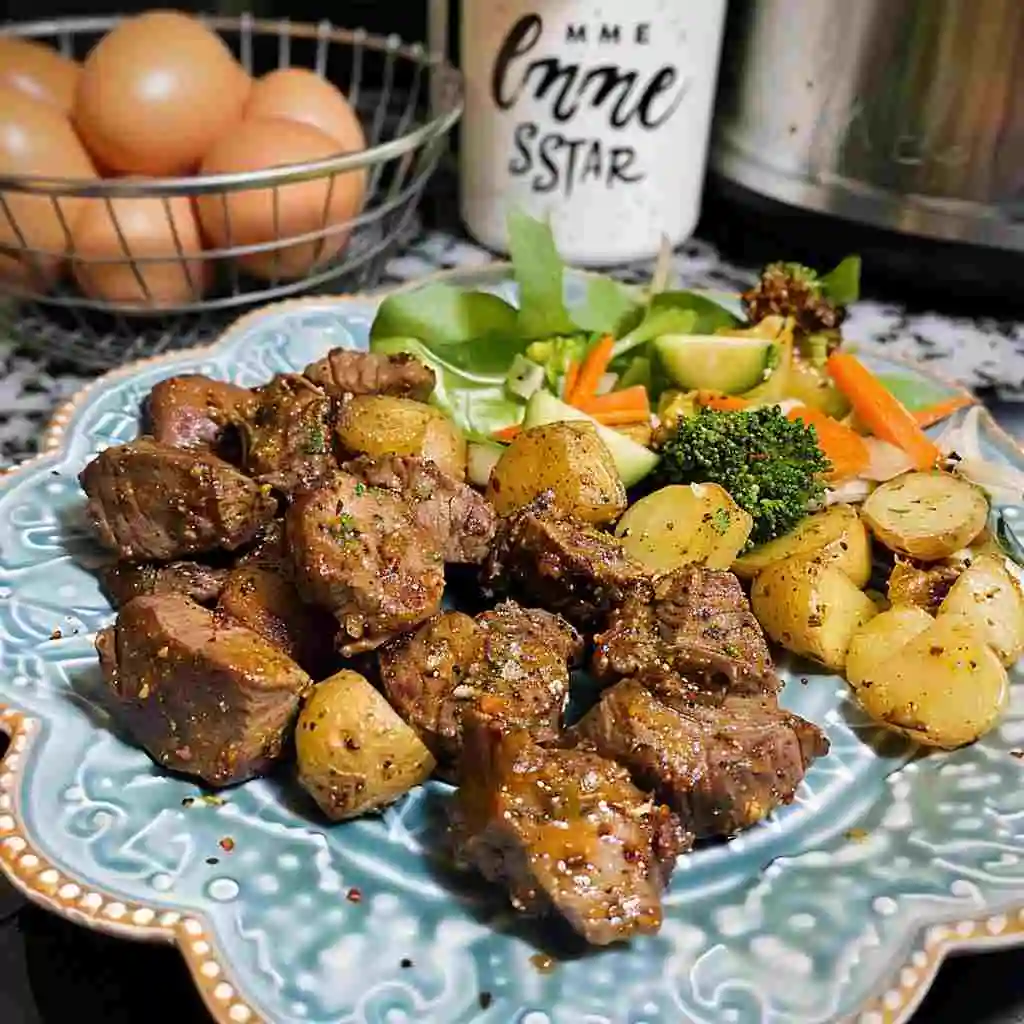 Garlic Butter Steak Bites Crockpot with Potatoes served with herbs