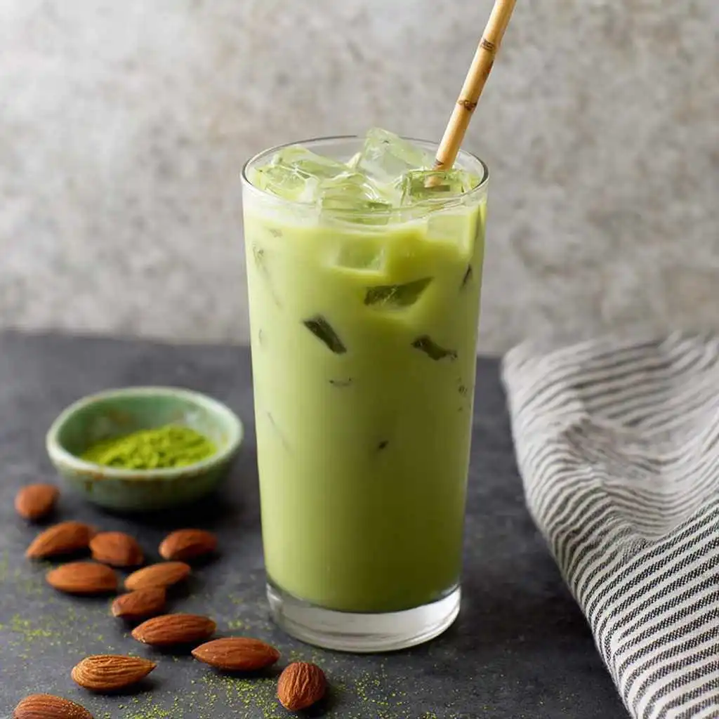 Iced matcha latte on rustic table