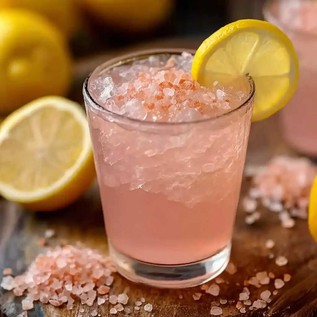 Close-up of pink Tibetan salt crystals in a ceramic bowl