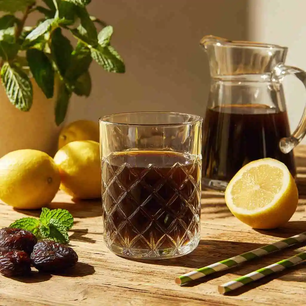 Prune juice apple juice and butter in a mug on kitchen table