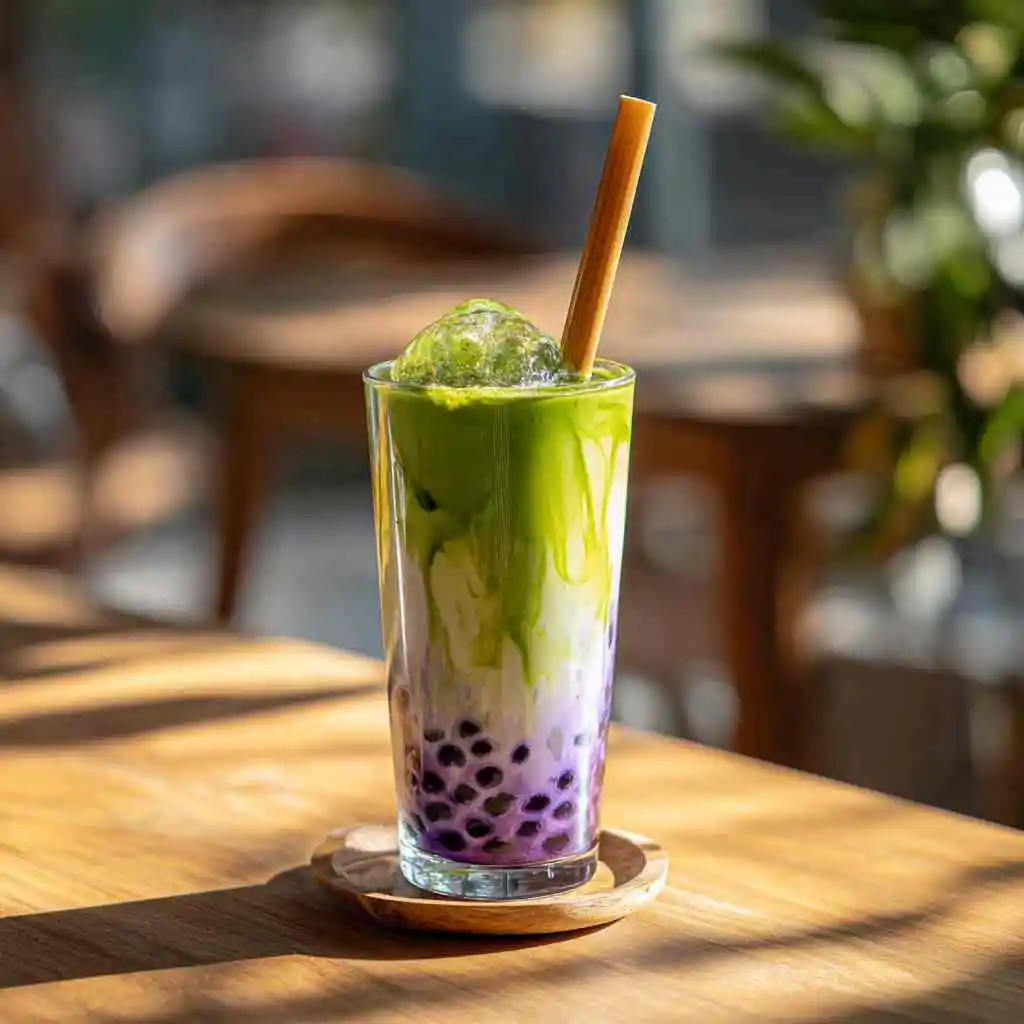 Matcha Taro Bubble Milk Tea: A Smooth and Flavorful Treat 11 Matcha taro bubble milk tea served as a dessert float with ice cream