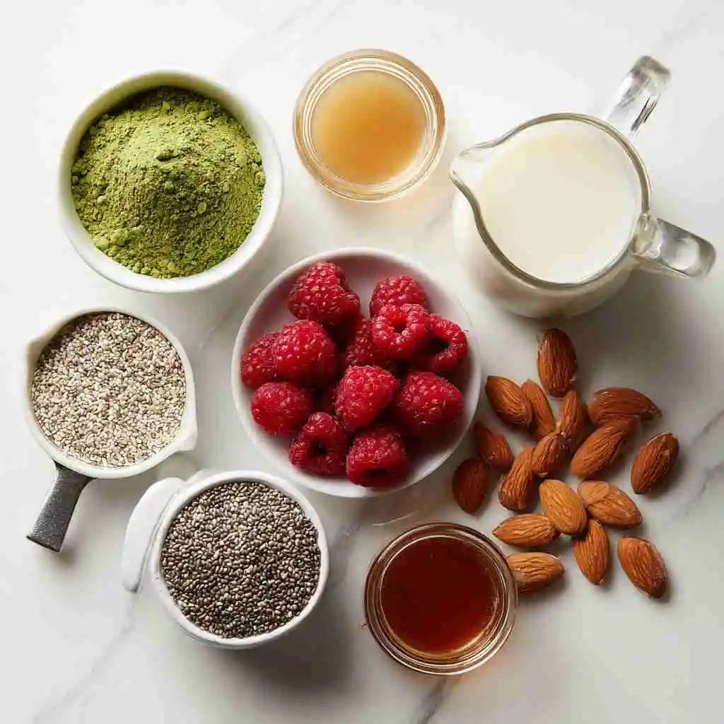 Matcha Chia Pudding Recipe: Easy, Healthy & Delicious Superfood Breakfast 10 Ingredients for matcha chia pudding on white background
