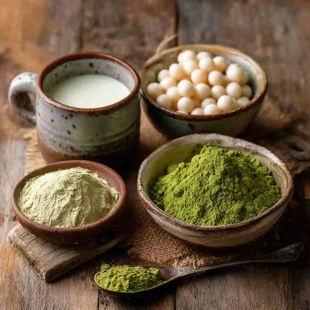 Matcha Taro Bubble Milk Tea: A Smooth and Flavorful Treat 10 Ingredients for matcha taro bubble milk tea including matcha powder and taro powder