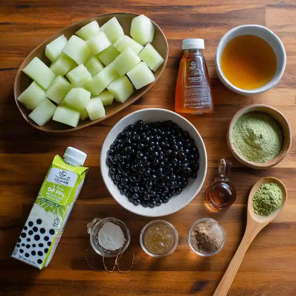 Honeydew Bubble Tea Recipe – Refreshing, Creamy & Easy to Make 10 Ingredients for making honeydew bubble tea on a wooden surface