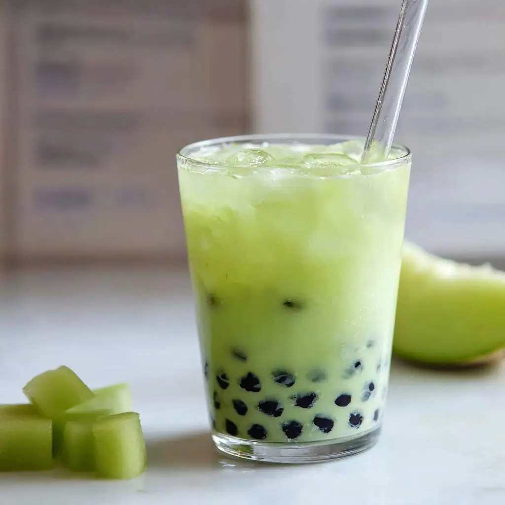 Honeydew Bubble Tea Recipe – Refreshing, Creamy & Easy to Make 11 Served honeydew bubble tea with ice, tapioca pearls, and mint garnish