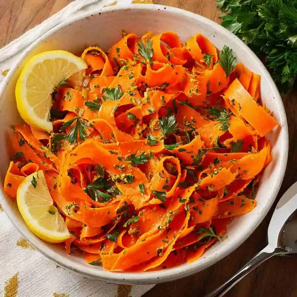 Carrot ribbon salad in a rustic bowl with herbs and sesame