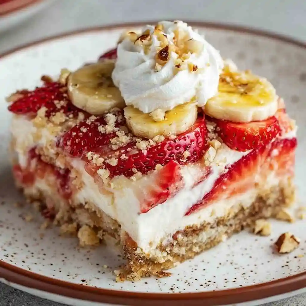 Banana Split Dump Cake Made Easy: Sweet, Fruity, and Fun 11 A slice of Banana Split Dump Cake on a plate topped with whipped cream