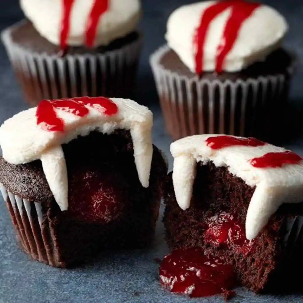 Halloween Vampire Bite Cupcakes — Delicious & Easy to Make 11 Halloween Vampire Bite Cupcakes with blood-red drips
