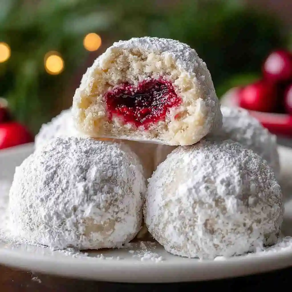 Holiday platter of cherry snowball cookies with festive decor