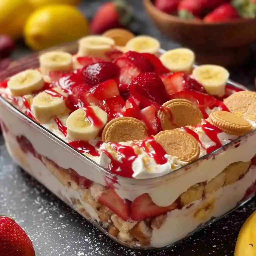 Strawberry Banana Pudding That Everyone Will Love 11 Individual servings of strawberry banana pudding in cups with fresh fruit garnish