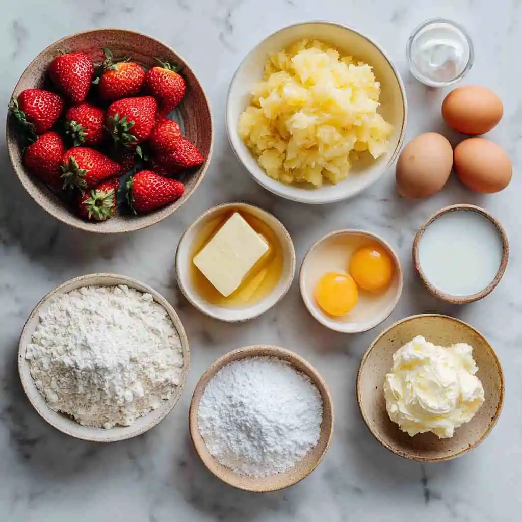 Strawberry Pineapple Pound Cake Recipe You’ll Love 10 Ingredients for Strawberry Pineapple Pound Cake arranged on a marble surface