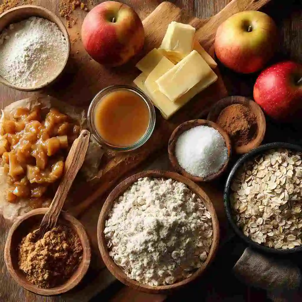 Salted Caramel Apple Crumble Bars Made Simple at Home 10 Ingredients laid out for Salted Caramel Apple Crumble Bars