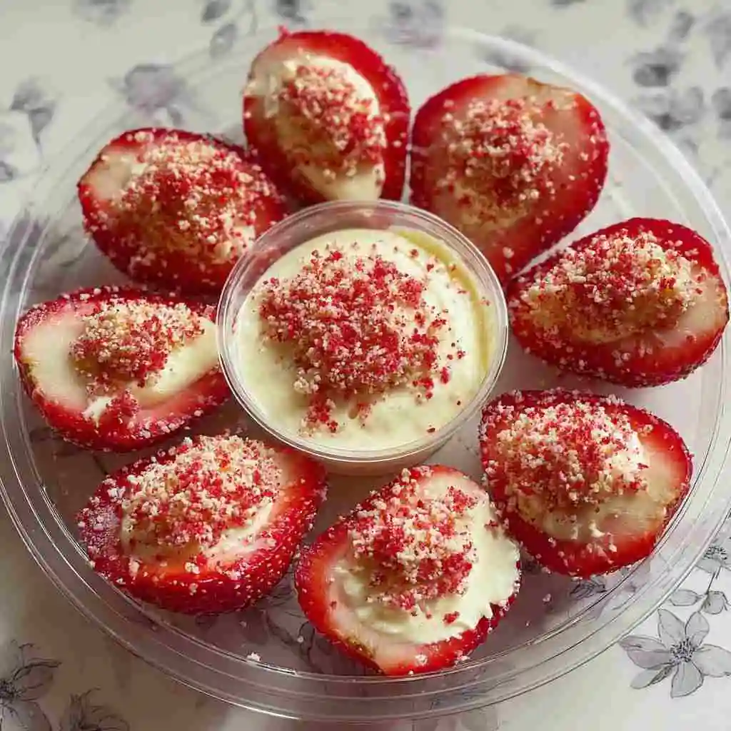 Cheesecake Deviled Strawberries Made Easy at Home 11 Plated Cheesecake Deviled Strawberries garnished with mint leaves