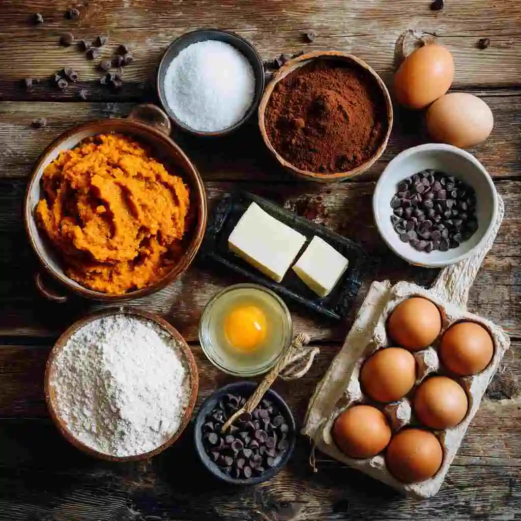 Delicious Pumpkin Brownies Made Simple: A Family Favorite 10 Pumpkin brownies ingredients neatly arranged on wooden table