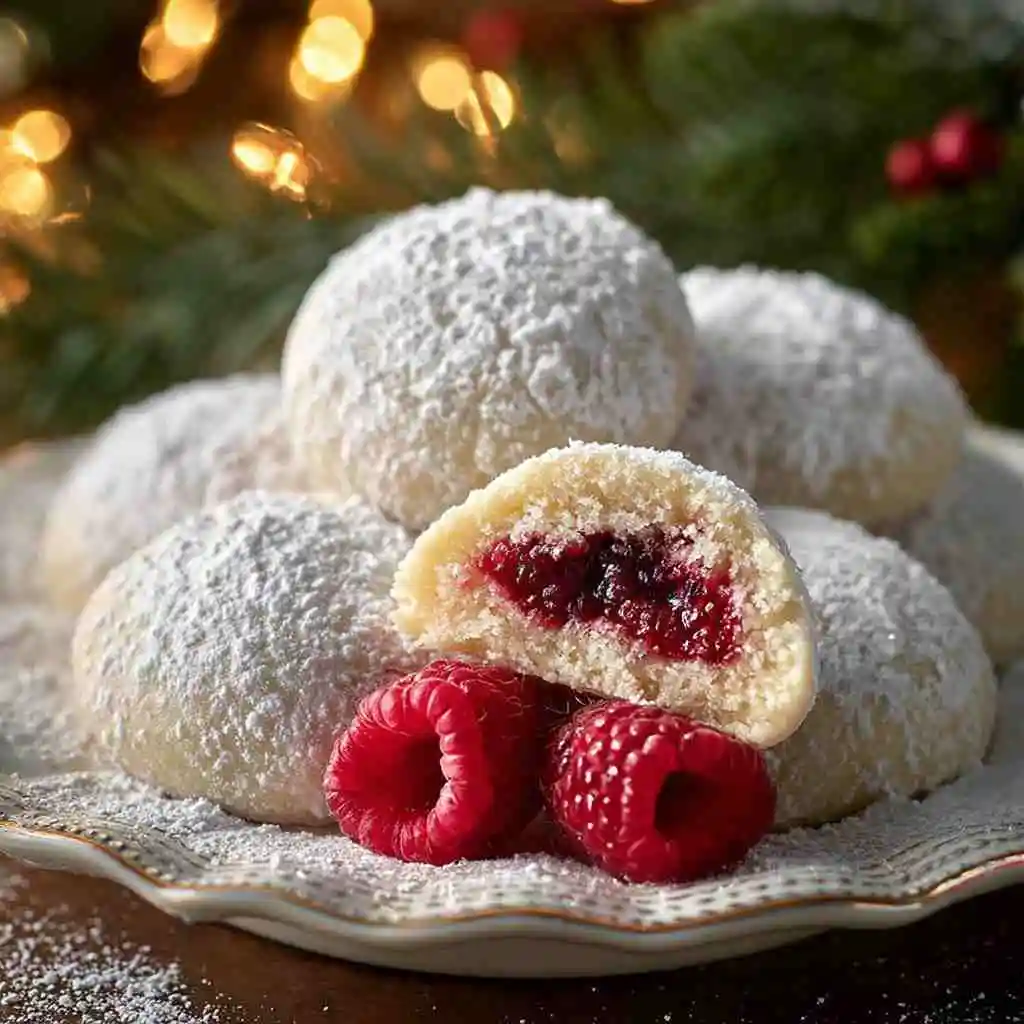 Raspberry Almond Snowball Cookies served with tea