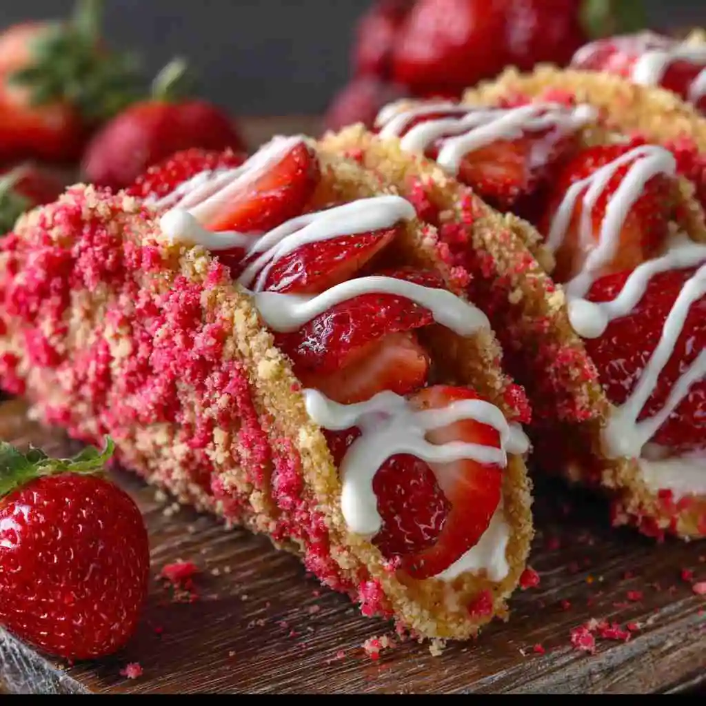 Strawberry Crunch Cheesecake Tacos: Irresistibly Simple at Home 11 Served Strawberry Crunch Cheesecake Tacos with fresh strawberries and syrup