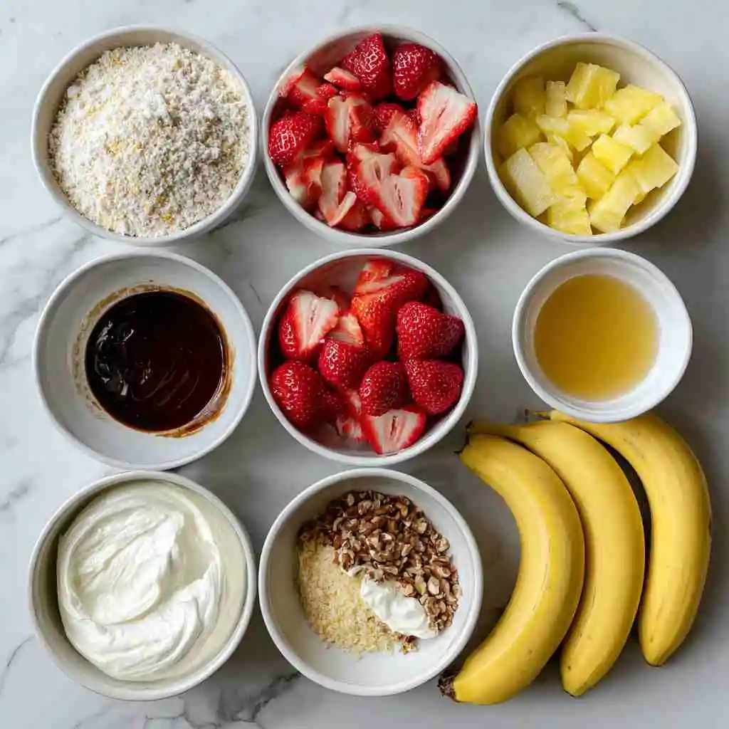 Banana Split Dump Cake Made Easy: Sweet, Fruity, and Fun 10 Flat lay of ingredients for Banana Split Dump Cake