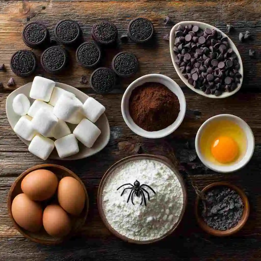 Halloween Oreo Cookies with Double Chocolate and Marshmallow Spider Webs 9 Ingredients for Halloween Double Chocolate Oreo Cookies with Marshmallow Spider Webs