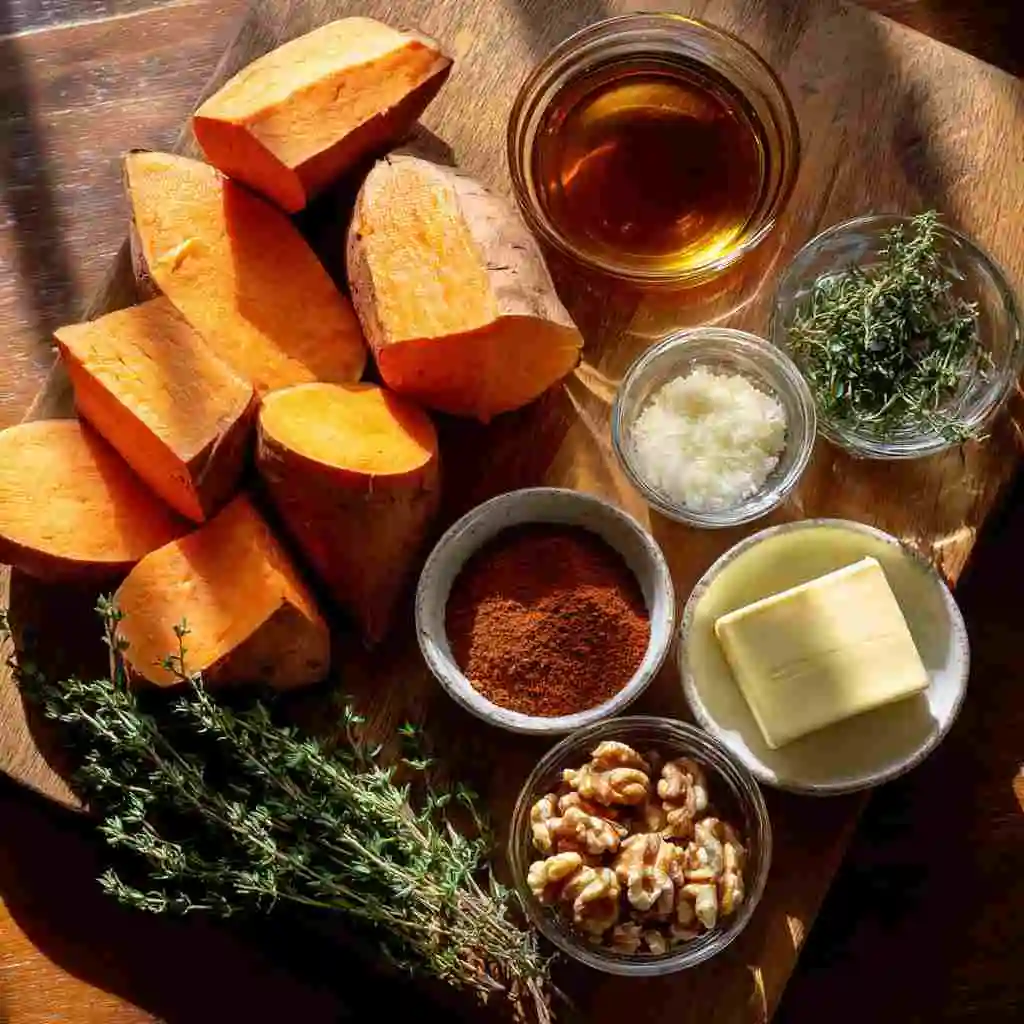 Walnut Maple Roasted Sweet Potatoes Made Easy with Simple Ingredients 10 Ingredients for Walnut Maple Roasted Sweet Potatoes on a wooden counter